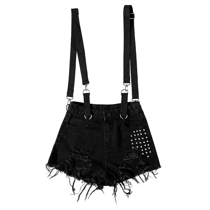 Ripped Suspender Jean Shorts