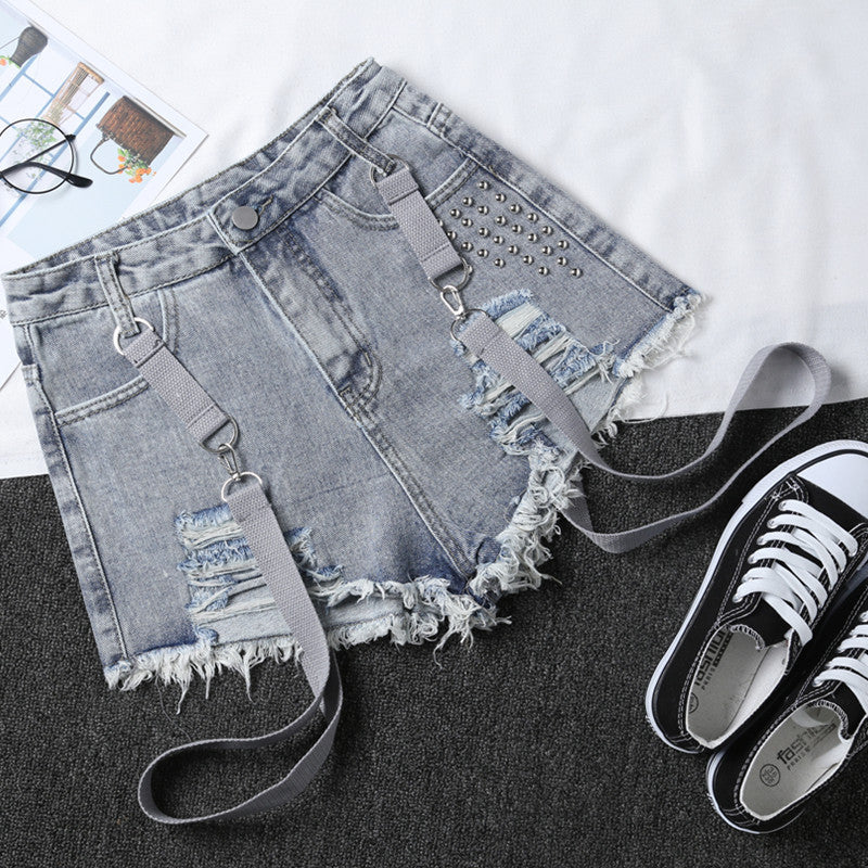 Ripped Suspender Jean Shorts