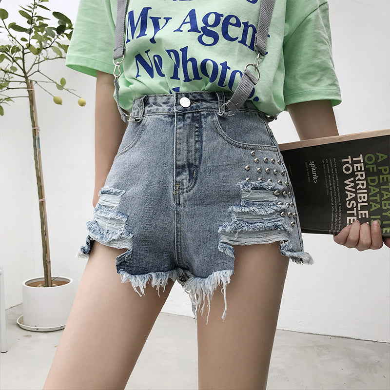 Ripped Suspender Jean Shorts