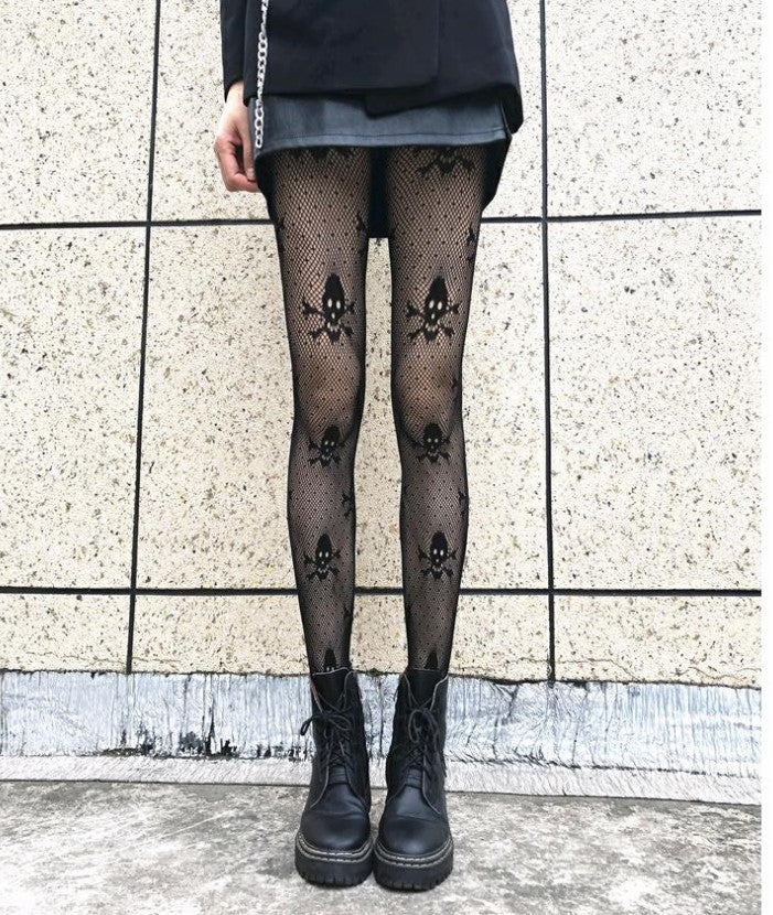 Skull Black Silk Fishnet Stockings