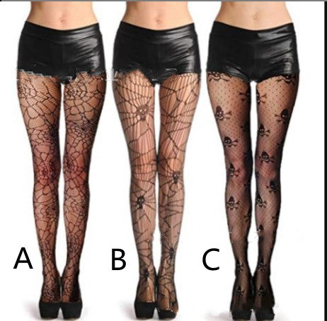 Skull Black Silk Fishnet Stockings