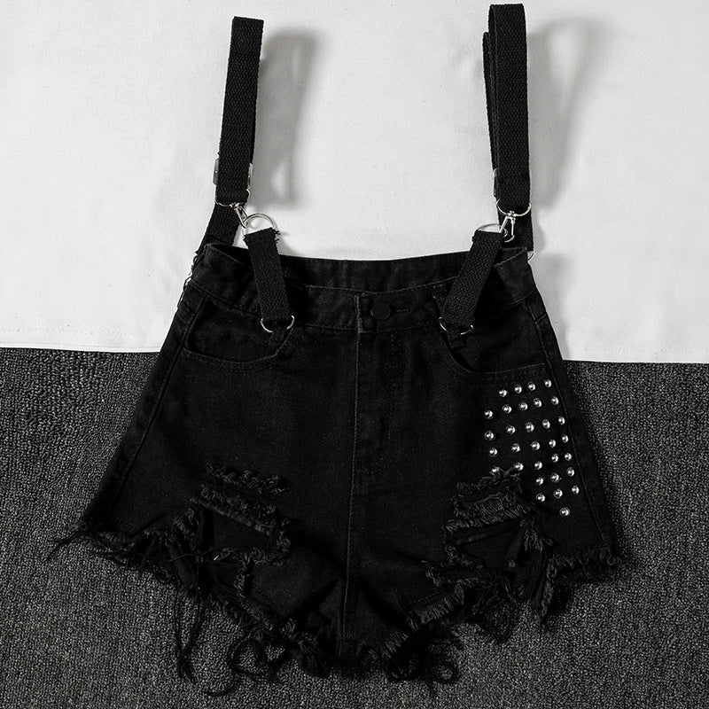 Ripped Suspender Jean Shorts