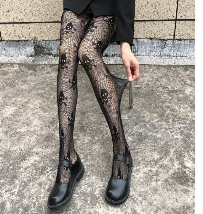 Skull Black Silk Fishnet Stockings