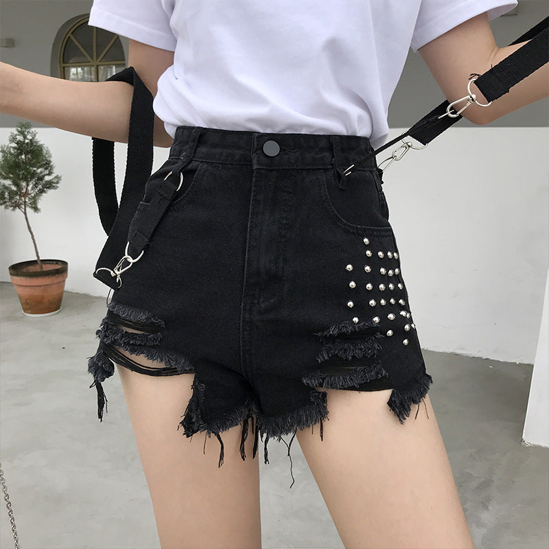 Ripped Suspender Jean Shorts