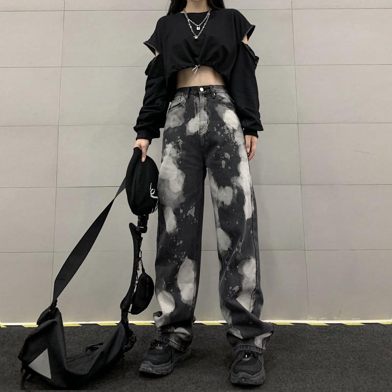 High Waist Slim Acid Dyed Black Jeans