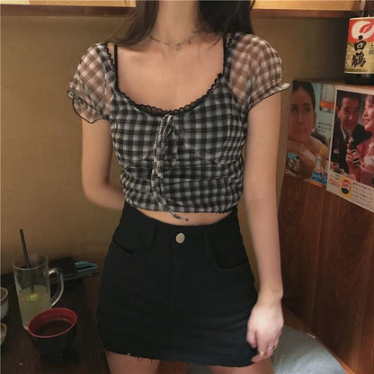 Black And White Plaid Short-Sleeved Shirt