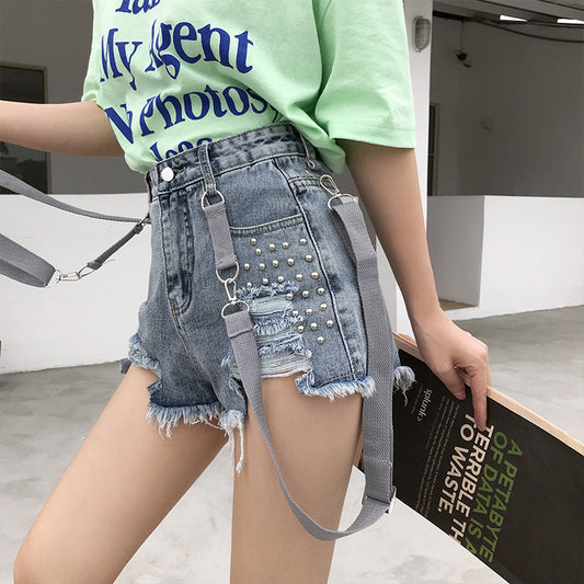 Ripped Suspender Jean Shorts