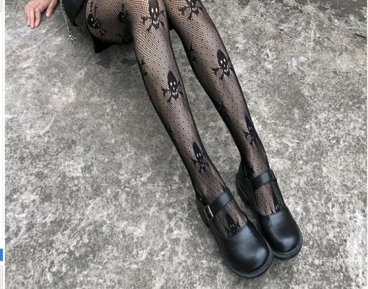 Skull Black Silk Fishnet Stockings