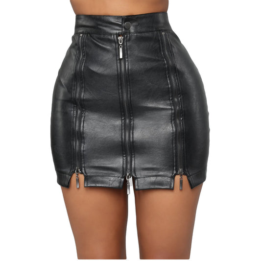 Tight Black Leather Zipper Skirt